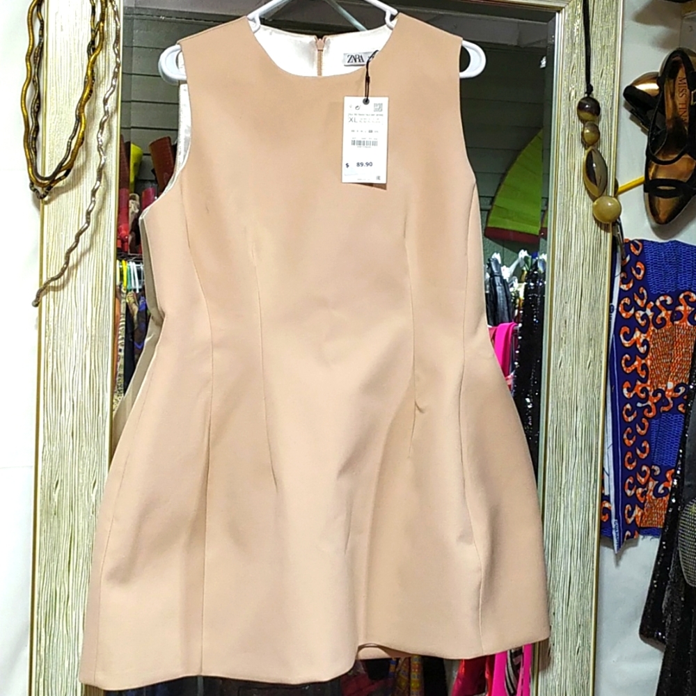 ZARA VOLUMINOUS PALE PINK/CREAM MINI DRESS SIZE XL/ NEW WITH TAGS